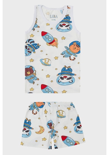 Lela Desenli Streç Pamuklu Bisiklet Yaka Atlet Boxer 2'Li Iç Giyim Erkek Çocuk Takım 6651010 Ekru