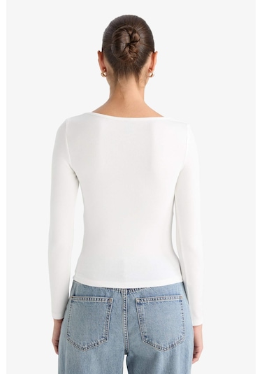 Defacto Slim Fit Dar Kesim Basic Düz Modal Uzun Kollu Tişört F7153ax25auer105 Ekru