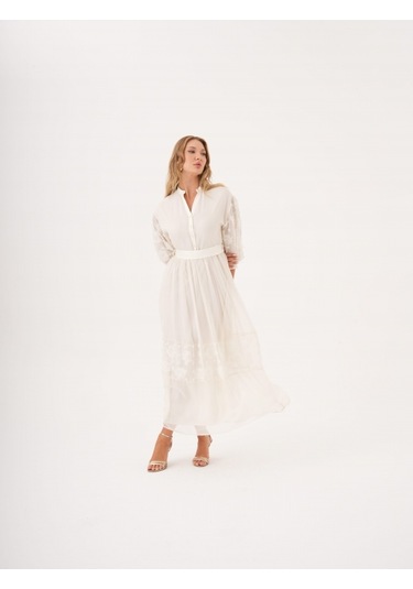 Dantel Detaylı Kemerli Şifon Gömlek Elbise Bej