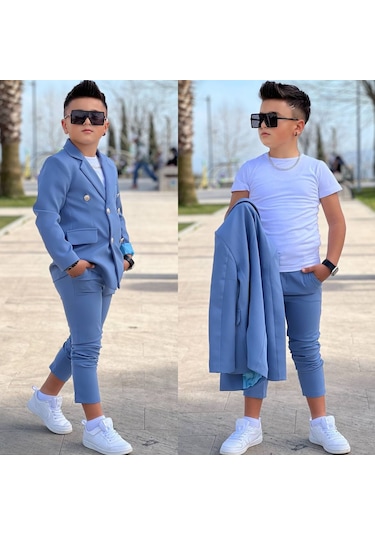 Modavals 4 Parça 6 Düğmeli Ceketli Erkek Çocuk Takım Elbise - Beyaz Tshırt Mavi