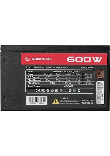 Rampage RMP-600-80P 600W 80+ Bronze Aktif PFC Güç Kaynağı