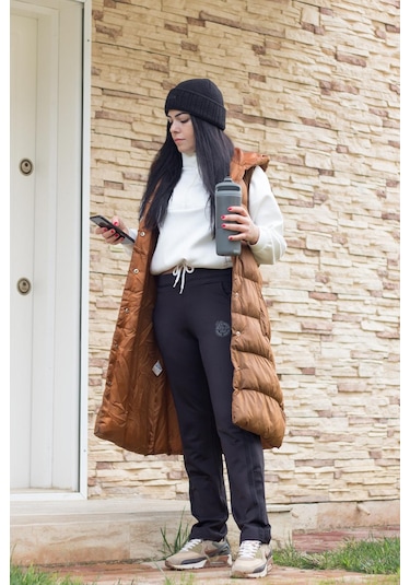 Kadın Siyah Şeritli Basic Esnek Rahat Kalıp Cepli İnce Eşofman Altı 21KESAAKT2