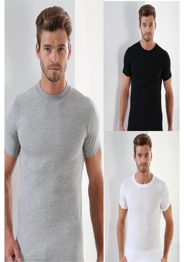 Erkek Beyaz Siyah Gri Sıfır Yaka Kısa Kol Fanila Tişört %100 Pamuklu Penye 3'lü Paket Çok Renkli