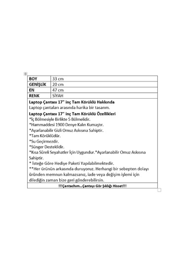 17" Tam Körüklü Evrak Laptop Bilgisayar  Çantası