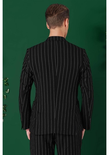 Comfort Fit Çift Yırtmaç İtalyan Çizgili Keten Casual Siyah Ceket C 671 Siyah