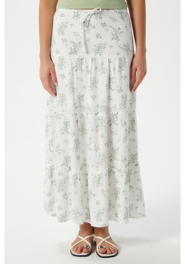Kadın Rebekka Çiçekli Haki Astarlı Uzun Etek 17639 Beyazhaki Çok Renkli