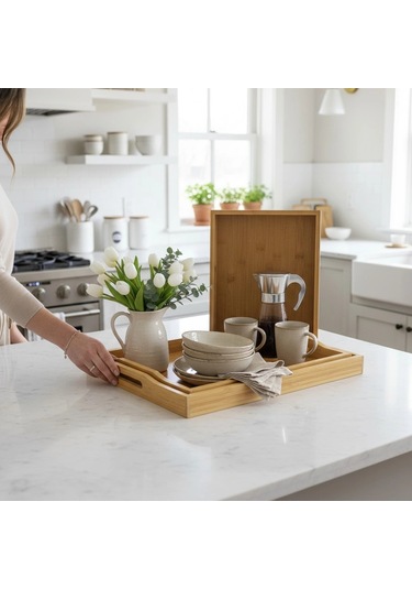 Mybru Dikdörtgen Bambu Tepsi 3'lü Set Ahşap