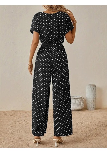 Munn Collection Kadın Kısa Kollu Kayık Yaka Belden Kuşaklı Örme Krep Tulum Siyah