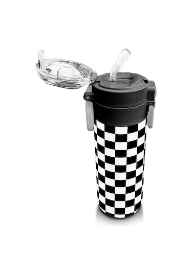 Coral High Kids Siyah Beyaz Dama Desenli Pipetli Ve Direkt İçim Çelik Termos 500 Ml 31877 Siyah - Beyaz