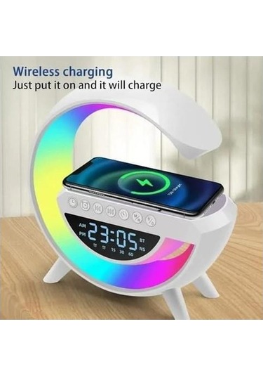 Ablosuz Şarj Istasyonu Speaker Özellikli Led Işıklı Fm Radyolu Bluetooth Speaker