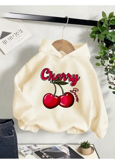Kışlık Kapüşonlu Sweatshirt, Çocuk Cherry Baskılı Bej