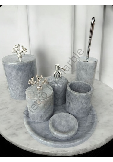 Gri Mermer Klasik Model 7 Parça Gümüş Renk Mercan Aksesuarlı Banyo Seti Gri