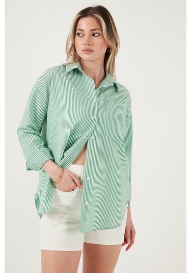 Lela Regular Fit Uzun Kollu Cepli Çizgili Bayan Gömlek 6772895 Benetton