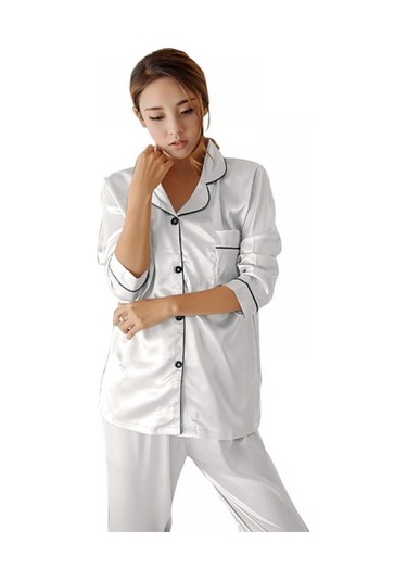 Sones Bayan İpek Uzun Kollu Pantolon Pijama Takımı Beyaz Açık Toka Beyaz