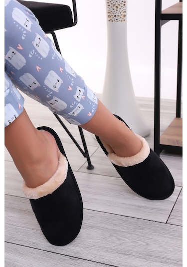 Wordex U050 Unisex Kışlık Ev İçi Terliği Kürklü Yünlü Terlik Siyah