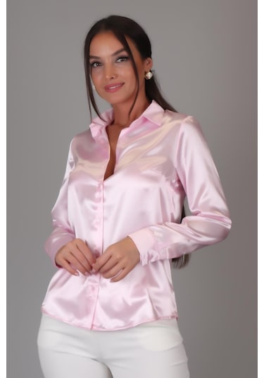 Sweetness Kadın Pembe Saten Uzun Kol Abiye Gömlek Pembe