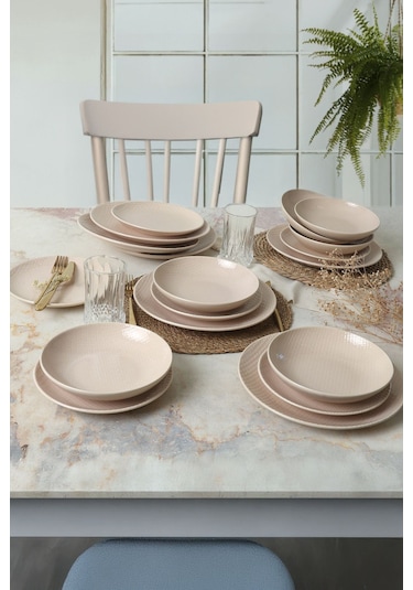 Kumlu Krem Rölyefli Yemek Takımı 18 Parça 6 Kişilik Q32 Krem