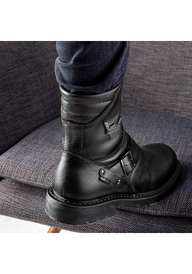 Ducavelli Rock Hakiki Deri Erkek Bağcıksız Kürklü Postal Bot, Harley Bot Siyah