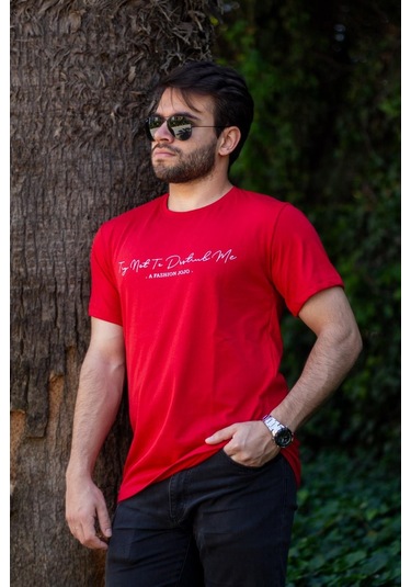 Erkek Kırmızı El Yazısı İmza Baskı Kısa Kollu Bisiklet Yaka Erkek T-shirt 22etsheyaz 001