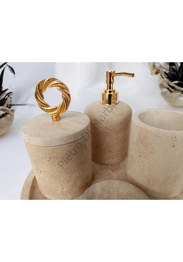 Sarı Traverten Klasik Model 5 Parça Gold Renk Halka Aksesuarlı Banyo Seti Sarı Traverten