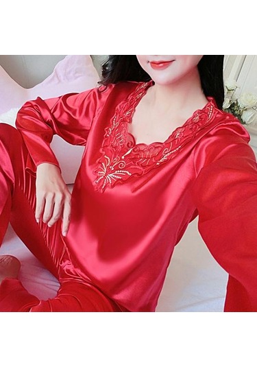 Kırmızı 2 Adet/takım Rahat Bahar Gecelik Seti V Yaka Uyku Dantel Artı Boyutu Kadın Gecelik Yatak Odası İçin Set Kırmızı