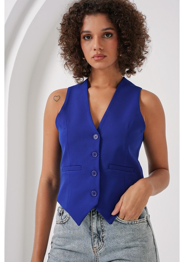 6796 Kısa Dokuma Yelek - Saks Saks