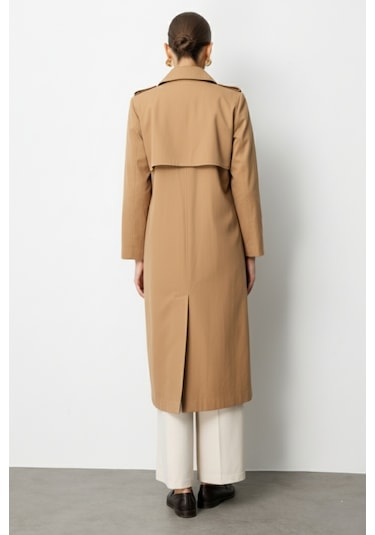 Mizalle Camel Apoletli Klasik Maxi Mac Trençkot CAMEL