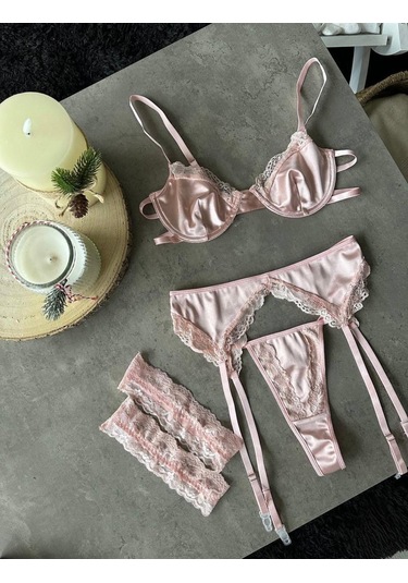 Diamond Pembe Dantel Detaylı Jartiyer Set Pembe