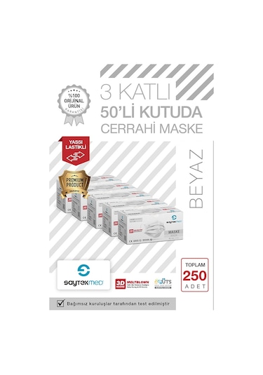 Saytekmed Meltblown Filtreli, Yassı İpli, 3 Katlı Beyaz Maske (5 Kutu/250 Adet)