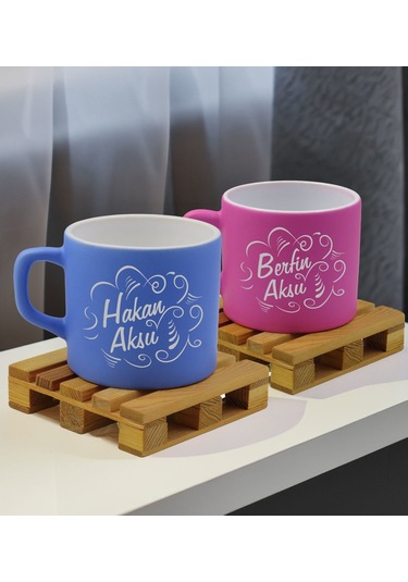 Bk Gift Kişiye Özel İsimli 2li Mavi Ve Pembe Renkli Middle Çay & Kahve Fincanı-4, Arkadaşa Hediye, Sevgiliye Hediye Kobitmeyencom32649 Bk Gift