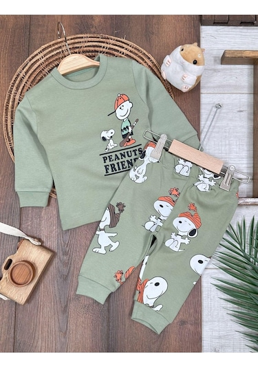 Bisiklet Yaka Peanuts Baskılı Alt Üst 2'li Pijama Takımı 4bb2 Yeşil