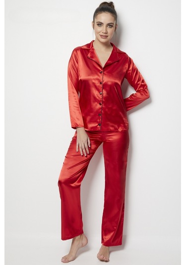 Faryanight Saten Uzun Kollu Düğmeli Gömlek Pijama Takımı Kırmızı