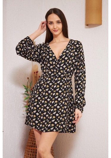Siyah Çiçek Desenli Elbise Dm1025