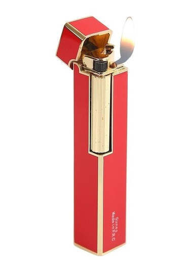 Parmida Slim Kare Metal Çakmak Kırmızı Taşlı Gazlı