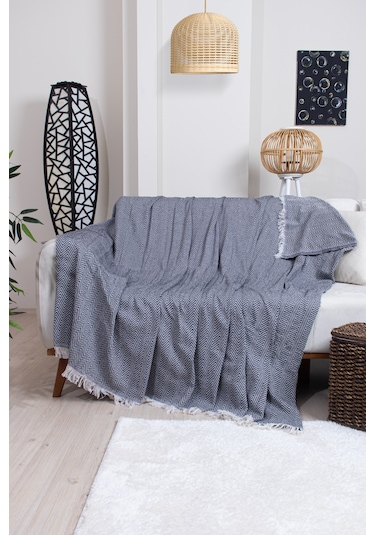 Pamuklu Zikzak Desenli Püsküllü Koltuk Örtüsü 170x210 Cm Dekoratif Ve Çok Amaçlı Siyah