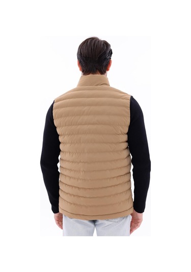 Erkek Nova Kumaş Şişme Yelek Hafif Dolgulu Fermuarlı Cepli Su İtici Rahat Kalıp Bej