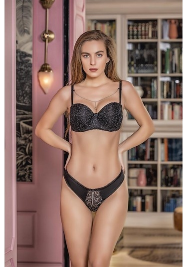 Simli Straplez Lotus Sütyen Ve Slip Külot Takım Siyah Brf31541 Siyah