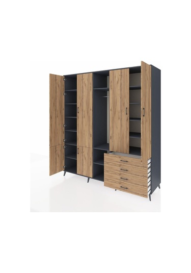 Kronos Dolap 14 Raflı 4 Çekmeceli Tek Askılı 220x59x243 Antrasit-çam/çam Atlas Çam/atlas Çam