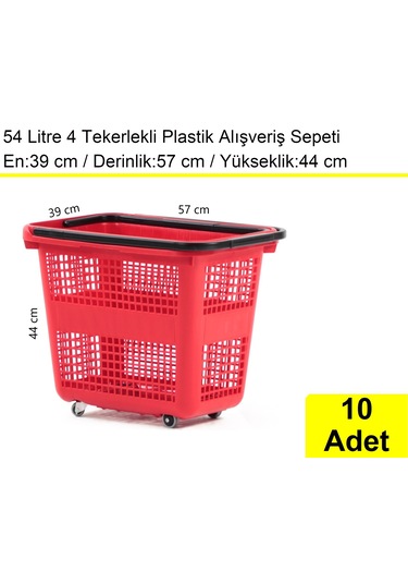 4 Tekerlek Plastik Alışveriş El Sepeti 54 Litre Kırmızı 10 Adet / En:42 Boy:54 Yükseklik:44 Cm