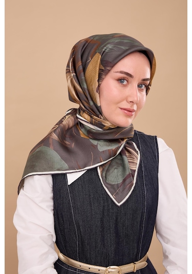 Silk Home Twill İpek Eşarp 11480-61 Petrol Yeşili, Krem, Yeşil, Koyu Vizon