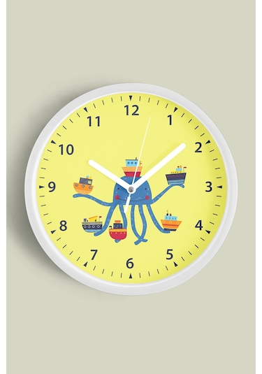 Gemileri Tutan Ahtapot Çocuk Odası Duvar Saati - 35cm - Önü Camlı Beyaz Kasa - Sessiz Mekanizma Beyaz