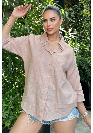 Kadın Kahve Truvakar Kol, Oval Kesim, Terletmez, Flamlı Keten Salaş Gömlek Bej