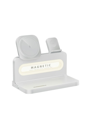 Ht-539 Masaüstü Gece Lambası 15w Manyetik Katlanabilir Telefon Saati Kulaklık Kablosuz Şarj Cihazı Beyaz