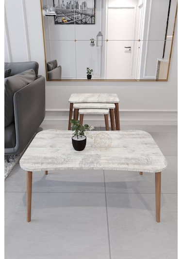 Esma Orta Sehpa Ve Zigon Sehpa 4'Lü Ahşap Ayaklı - Kristal