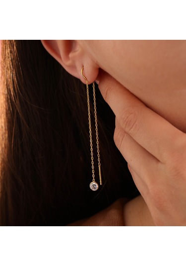 Queen Silver Jewelry 925 Ayar Gümüş Yuvarlak Zirkon Taş Sallantılı Küpe Altın