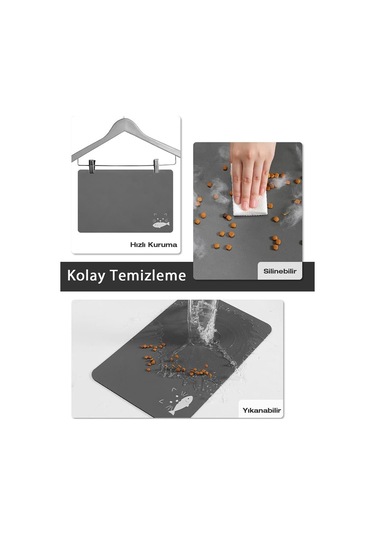 MatGo Pati Balık Figürlü Su Geçirmez Kaymaz Gri Kedi Köpek Mama Paspası 50 x 70 CM