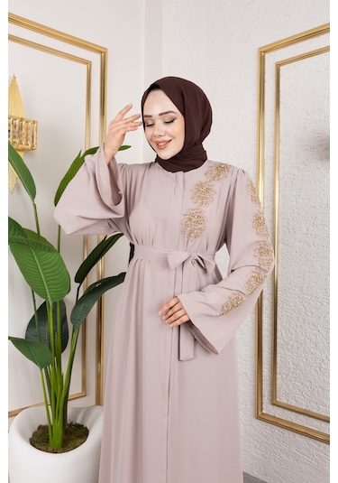 Nevayla Moda Sol Tarafı İnci Detaylı Ferace - Bej / F0140 Bej