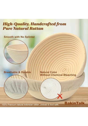 Reedark 2'li 10 İnç Endonezya Doğal Rattan El Yapımı Mayalanma Sepeti Seti - Keten Döşeme İçeren Ekmek Fermentasyon Sepetleri Bej