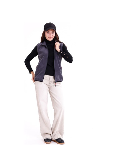 Monox Kadın Slim Fit Tam Fermuarlı Polar Yelek Füme