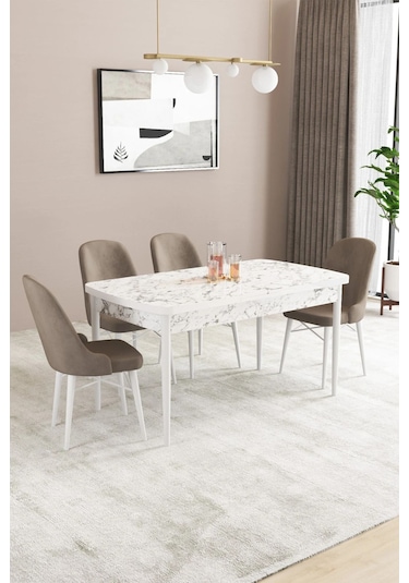Sar Pakete Almira Serisi, Beyaz Mermer Desen 80x132 Açılabilir Mdf Mutfak Masası Takımı 4 Adet Sandalye Cappucino